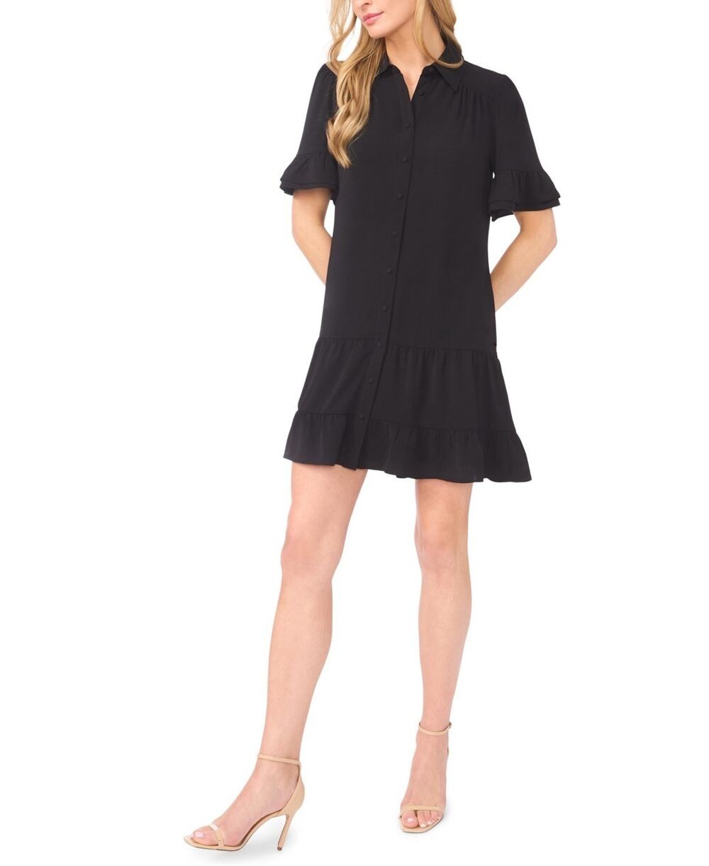 CeCe Women's Double Ruffle Sleeve Collared Mini Dress Black Size M 3701